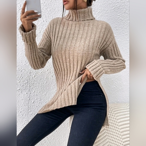 New Chic Wide Ribbed Split Hem Knit Sweater Top Turtleneck Camel Tan Beige - Picture 4 of 9